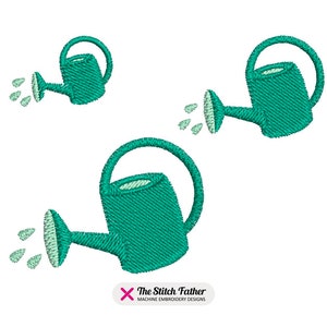 May include: Three green watering cans with a white background. Each watering can has a spout and a handle. Water droplets are coming out of the spout of each watering can.