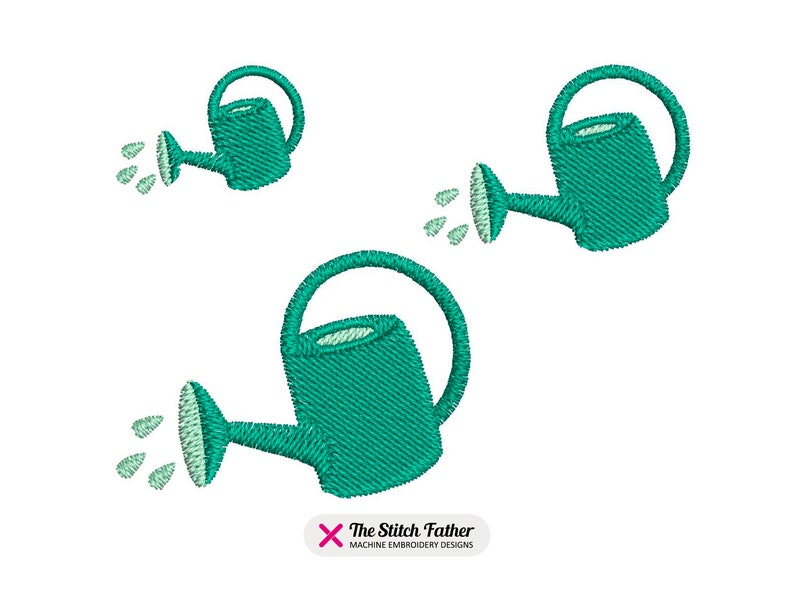 May include: Three green watering cans with a white background. Each watering can has a spout and a handle. Water droplets are coming out of the spout of each watering can.