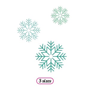 May include: Three teal blue snowflake designs in various sizes. The snowflakes are outlined in white and have a dotted pattern.