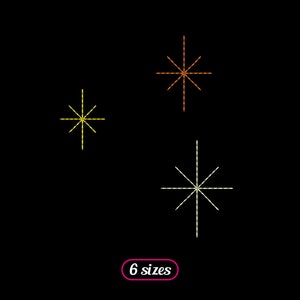 May include: Three starburst designs in different colors. The top starburst is orange, the middle starburst is yellow, and the bottom starburst is white.