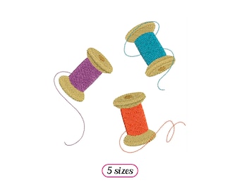 May include: Three spools of thread with different colored thread. The spools are yellow, orange, purple, and blue. The thread is wound around the spools. The spools are on a white background. 5 sizes.