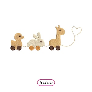 May include: Embroidered design of a toy duck, bunny, and giraffe on wheels, connected by a string. The giraffe has a heart at the end of its string. The design is available in 5 sizes.