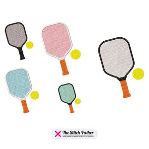 May include: Five different colored pickleball paddles with orange handles and yellow balls. The paddles are gray, pink, white, light blue, and green.
