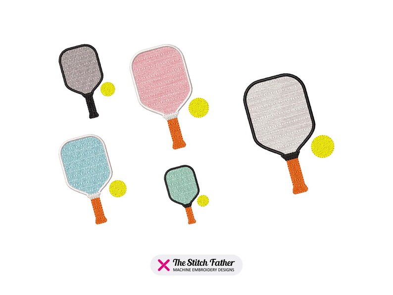 May include: Five different colored pickleball paddles with orange handles and yellow balls. The paddles are gray, pink, white, light blue, and green.