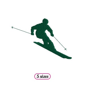 Könnte beinhalten: Eine grüne Silhouette eines Skifahrers auf einer Skipiste mit Skistöcken. Der Skifahrer befindet sich in einer Abfahrtsposition.