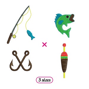 May include: An embroidery design set featuring a fishing rod, a fish, a hook, and a bobber. The design is available in three sizes.