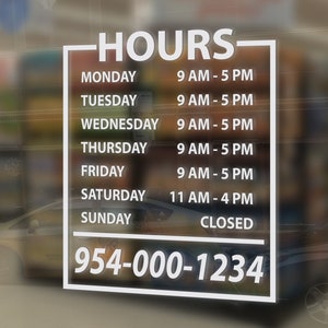 Custom Business Hours Vinyl Decal, Store Hours Decal, Business Hours Window Decal