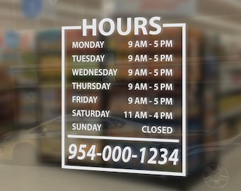 May include: A white sign with black text listing business hours for each day of the week. The sign also includes a phone number: 954-000-1234.