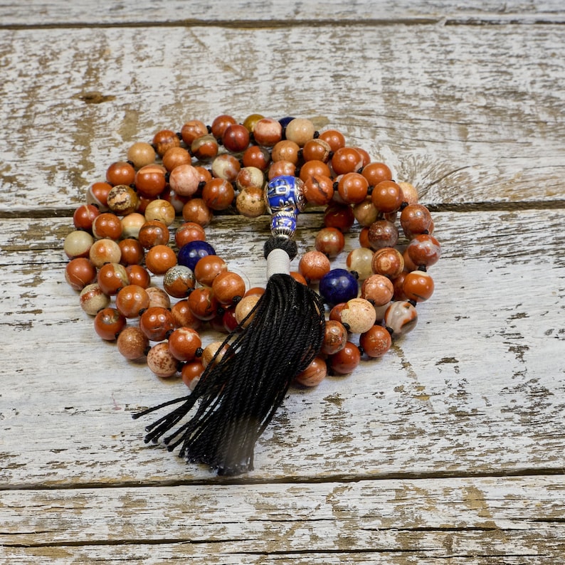 Knotted 108ct Mala with Red Flake Jasper and Lapis image 2