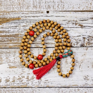Knotted 108ct Mala with Sandalwood and Coral