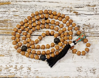 Geknotete 108ct Mala mit Rhaktu Bodhi Samen und Lava