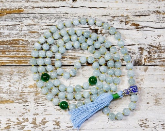 Knotted 108ct Mala with Aquamarine and Emerald