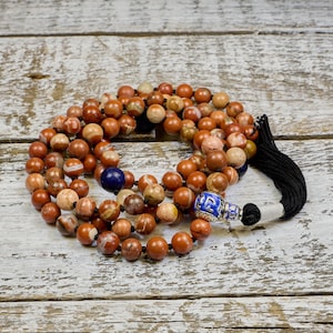 Knotted 108ct Mala with Red Flake Jasper and Lapis image 1