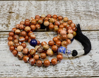 Knotted 108ct Mala with Red Flake Jasper and Lapis