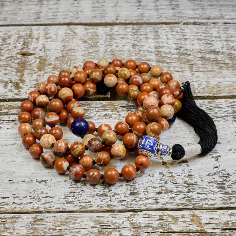 Knotted 108ct Mala with Red Flake Jasper and Lapis image 1
