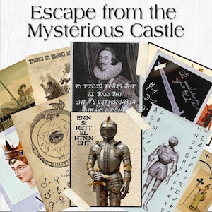 May include: A collage of images related to a mystery game or escape room. The images include a knight in armor, a sword, a coded message, a symbol with an eye, and a portrait of a man in a ruff collar.
