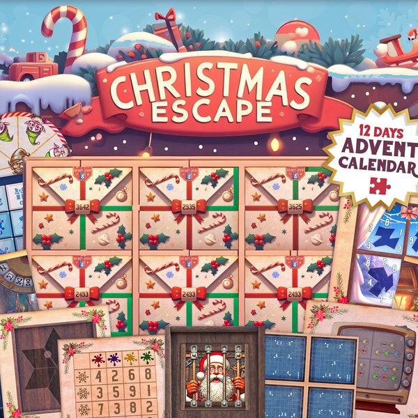 Calendario de Adviento de Christmas Escape Room DIY Calendario de Adviento Kit de juego imprimible / Calendario de Adviento de Navidad Juego de fiesta Regalo de Navidad