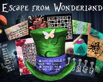 May include: A green top hat with a blue band and a butterfly on top. The hat is surrounded by various images, including a grid with numbers and symbols, a red rose, and a wooden sign with the text "Do not count on luck!"