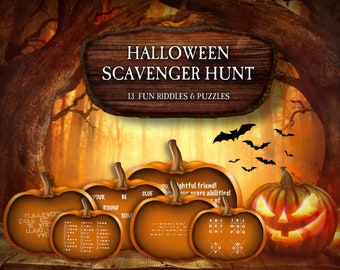 May include: A Halloween scavenger hunt game with 13 riddles and puzzles. The game features a set of orange pumpkins with clues written on them. The pumpkins are arranged on a wooden table in a forest setting.