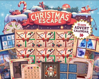 May include: A Christmas-themed escape game with a 12-day advent calendar. The calendar features 12 doors with festive decorations and numbers. The game includes various puzzles, such as a wheel, a grid, and a number puzzle.