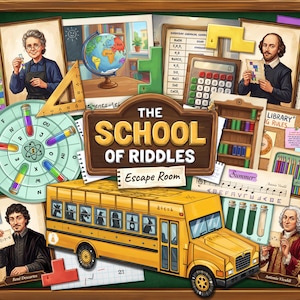 Könnte beinhalten: Eine Collage mit einem gelben Schulbus, einem Schild mit der Aufschrift The School of Riddles Escape Room, Porträts historischer Persönlichkeiten, einem Globus, einem Taschenrechner, Reagenzgläsern, Notenblättern und verschiedenen Lernmitteln auf einer grünen Tafel.