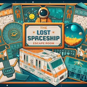 May include: An illustration for "The Lost Spaceship Escape Room" featuring an orange and white spaceship, astronaut figures, and space-themed elements. The design includes a sign with the escape room title and a teal and orange color scheme.