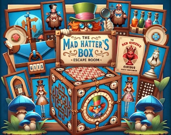 May include: An illustrated scene featuring elements from Alice in Wonderland. The central focus is a box labeled "The Mad Hatter's Box Escape Room." Surrounding the box are framed images, a suitcase, and mushroom illustrations. The color palette includes blues, browns, and whites.