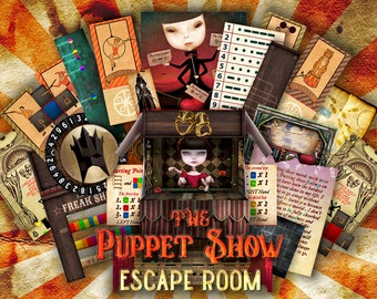 Könnte beinhalten: Ein Escape-Room-Spiel im Vintage-Stil namens "The Puppet Show Escape Room". Das Spiel beinhaltet eine Holzkiste mit einer Puppenbühne im Inneren, umgeben von verschiedenen Karten und Spielsteinen mit Zahlen, Symbolen und Text. Das Spiel hat ein skurriles und geheimnisvolles Thema.