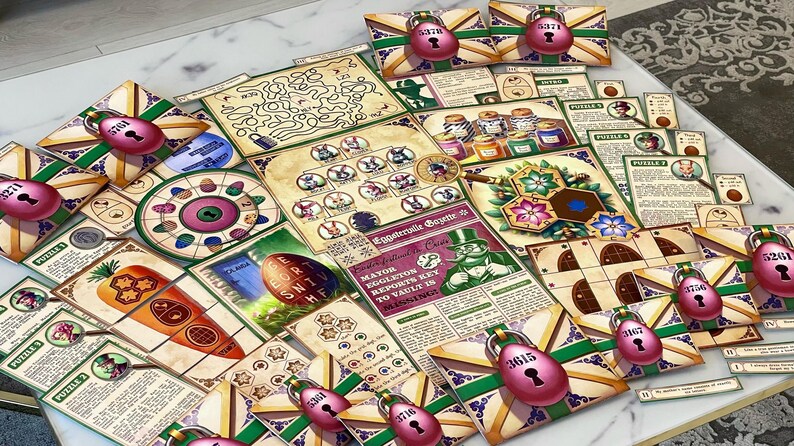 Printable Easter-themed escape room adventure featuring egg heist investigation and spring celebration challenges