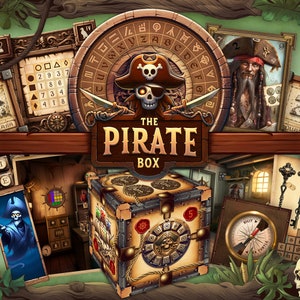 May include: A wooden box with a pirate theme. The box has a variety of puzzles and locks on it, including a compass, a skull and crossbones, and a number lock. The box is surrounded by other pirate-themed items, such as a map, a skull, and a compass.