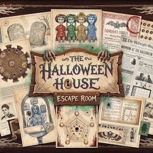 Può includere: Una collezione di materiali di gioco stampati per The Halloween House Escape Room, caratterizzata da un cartello centrale con un buco della serratura, illustrazioni di quattro bambole, un giornale intitolato The Midnight Gazette, carte puzzle e vari elementi grafici spettrali.