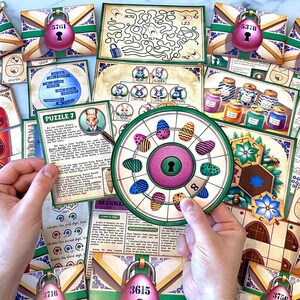 Printable Easter escape room adventure where players solve the case of missing eggs through festive challenges