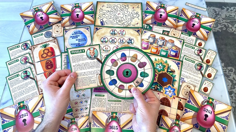 Printable Easter escape room adventure where players solve the case of missing eggs through festive challenges