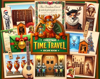 Puede incluir: Ilustración colorida que promociona una Escape Room de Navidad de Viaje en el Tiempo. La imagen presenta un personaje de reno, una partitura musical y un retrato enmarcado de un ciervo. El texto "Christmas Time Travel Escape Room" es prominente.