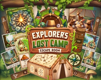 May include: A wooden sign with the text "Explorer's Lost Camp Escape Room" surrounded by various illustrations of a campfire, compass, tent, and animals.
