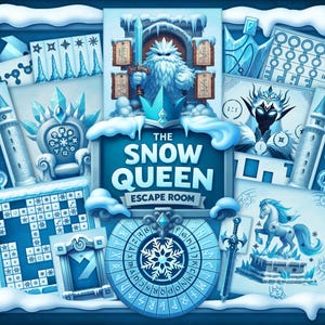 Puede incluir: Ilustración azul y blanca para "The Snow Queen Escape Room" con varios elementos de rompecabezas. El diseño incluye un trono cubierto de nieve, una figura de nieve sosteniendo una espada y una estatua de caballo. El texto "The Snow Queen Escape Room" es prominente.