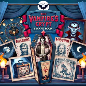 May include: An escape room game themed around vampires. The game features a coffin, a werewolf, a clock, a treasure chest, and a missing person poster. The game is called "The Vampire's Crypt Escape Room".
