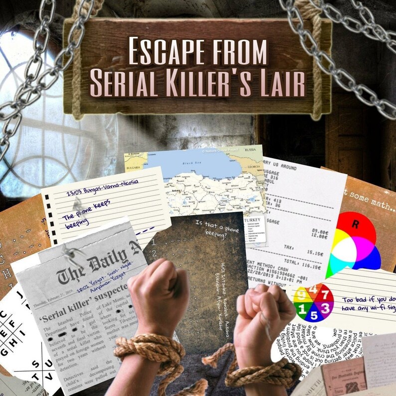 Printable escape room Serial Killer’s Lair – a crime thriller puzzle game with suspenseful story and quick 15–30 minute gameplay. Solve logic puzzles and find clues to escape before time runs out. Instant download, no props required. Ideal for teens and adults.