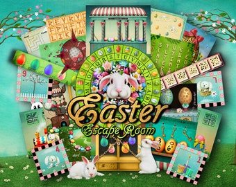 May include: A colorful illustration of an Easter escape room with a variety of puzzles and games. The image features a bunny rabbit, eggs, and a sign that reads "Easter Escape Room".