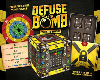 May include: A yellow box with a bomb graphic and the text "Defuse the Bomb Escape Room". The box has a variety of dials, buttons, and a digital display. The box is surrounded by other game components, including a circular dial with numbers and symbols, a sheet of paper with instructions, and a metal plate with a grid of lights.