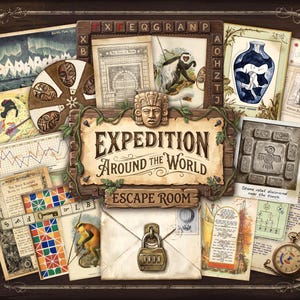 Może przedstawiać: Gra planszowa zatytułowana Expedition Around the World Escape Room z centralnym drewnianym znakiem z kamienną twarzą, otoczona różnymi elementami gry, w tym mapami, zamkiem szyfrowym i zegarkiem kieszonkowym.