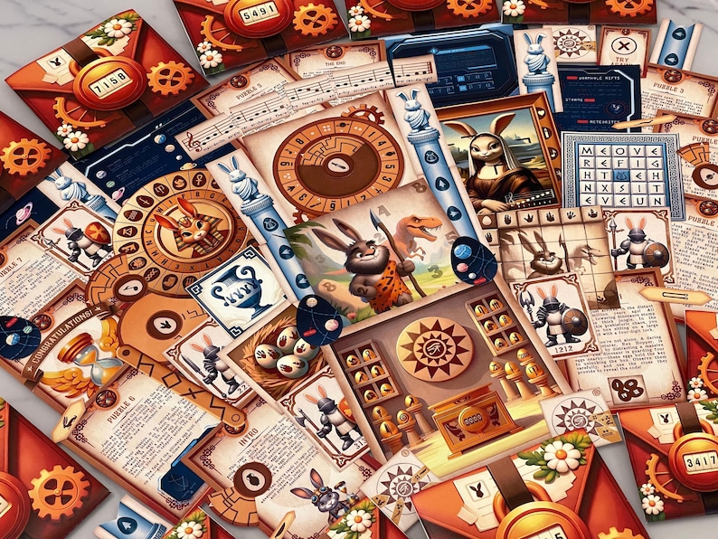 Printable time-traveling Easter escape room kit for home play featuring historical holiday mysteries and puzzle challenges