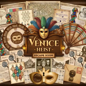 May include: An escape room game titled "The Venice Heist" with a Venetian mask theme. The image features a wooden sign, a decorative fan, puzzle pieces, and a map. The color palette includes browns, golds, and various other colours.