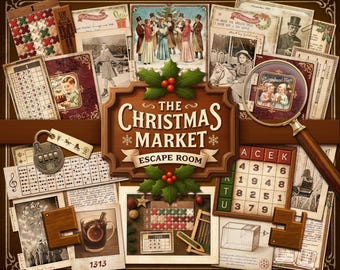May include: A collage of vintage Christmas-themed ephemera, including postcards, a magnifying glass, and wooden puzzle pieces. The central focus is a wooden sign that reads "The Christmas Market Escape Room". The color palette is warm, with browns, reds, and greens.