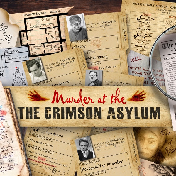 Imprimible Detective Cold Case Asesinato Misterio Juego de detectives Asesinato en el Crimson Asylum / Sherlock Juego Deducción Escape Room Juego Misterio