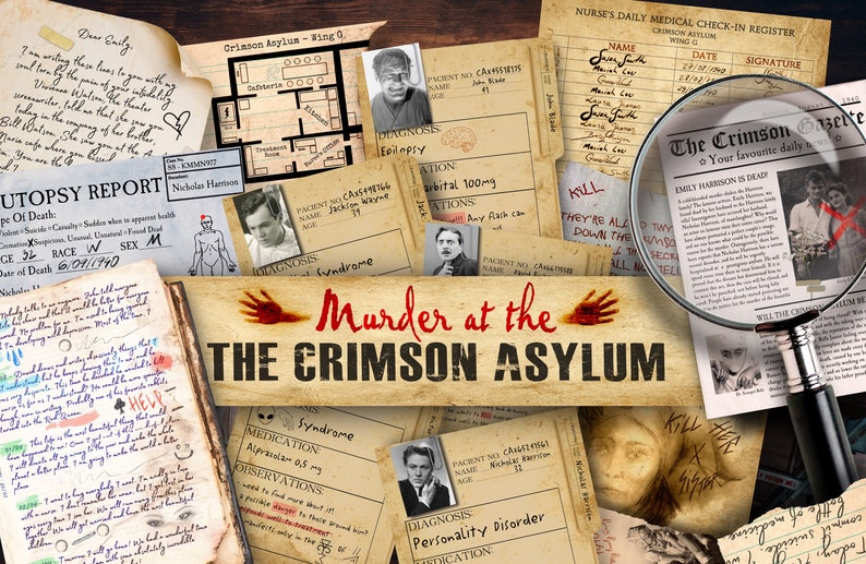 Printable Detective Cold Case Murder Mystery Detective Game Murder at the Crimson Asylum Sherlock Game Deduction Escape Room Game Mystery image 1