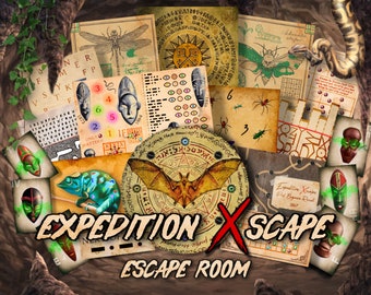 May include: A colourful poster for an escape room experience called "Expedition X Scape." The poster features a variety of images, including a bat, a chameleon, a spider, and a snake. The text "Escape Room" is written in large, bold letters at the bottom of the poster.