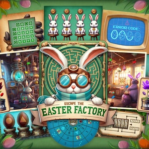 Game cover of an Easter-themed printable escape room that includes a bunny mascot holding the title Escape the EasterFactory. Around it, mazes, cryptic codes, flowers, and chocolate eggs await to be decoded.