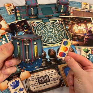 Image of a 3D cube with colored vials used in an Easter escape room to help decode a cryptic code. In the background story cards, mazes, and colorful illustrations hide mysteries that await revealing.