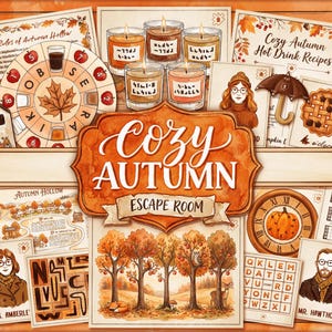 May include: A collection of printable game materials for a Cozy Autumn Escape Room, featuring illustrated cards with autumn themes, a circular puzzle wheel, candles, a clock with a pumpkin, and character portraits labeled Mrs. Amberley and Mr. Hawthorn.